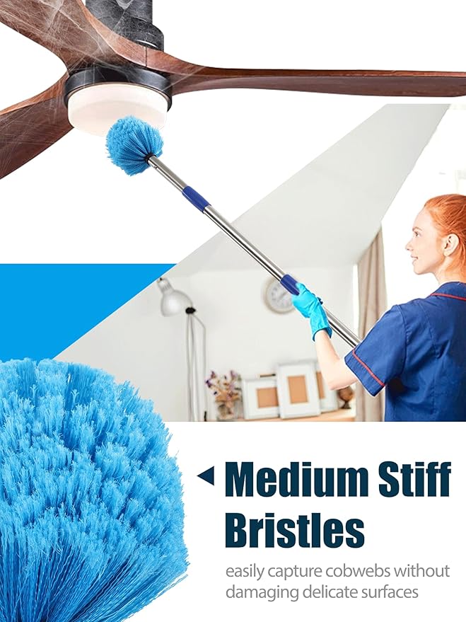Cobweb Duster with Extension Pole, 8 ft Spider Web Brush for Outdoor House Cleaning, Cob Web Remover for High Ceilings Fans, Medium-Stiff Bristles Round Head, Steel Long Handle, Lightweight Cleaner