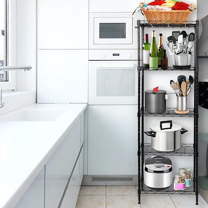 SUNLPH 5-Tier Wire Shelving Adjustable Shelves Unit Metal Storage Rack for Laundry Bathroom Kitchen Pantry Closet Organization (Black, 16.6" L x 11.4" W x 49.1" H)
