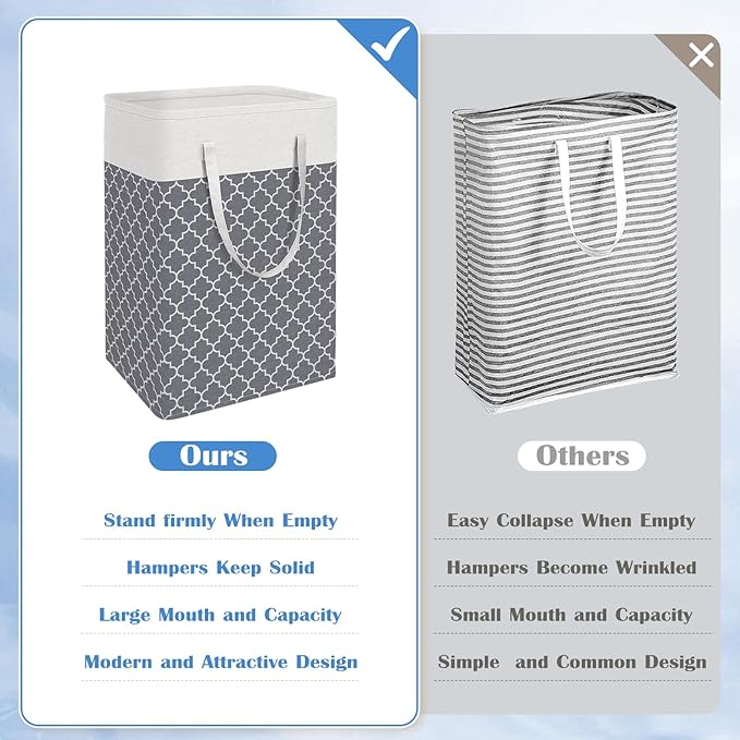 BlissTotes 3-Pack Laundry Basket, Freestanding＆Waterproof Laundry Hamper, Collapsible Tall Clothes Hamper with Easy Carry Handles for Clothes, Towels in the Family and Dorm,Clover Grey,100L