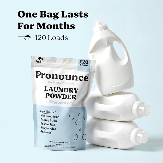Pronounce Laundry Detergent Powder Alternative | Cleaner Ingredients. Safer for Sensitive Skin. Stain + Smell Fighting. Fragrance Free, HE Safe - 120 Loads (Unscented).