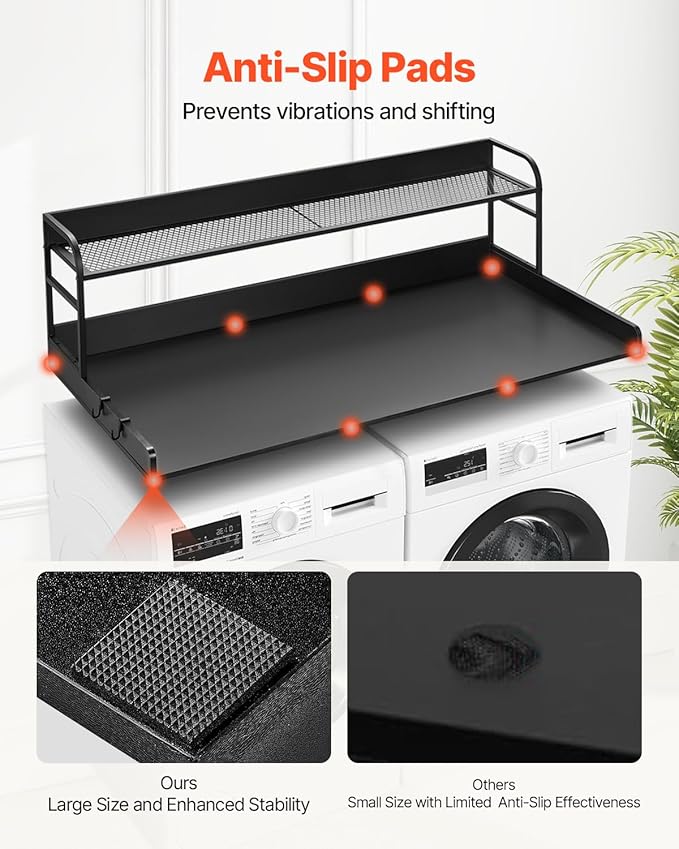 VEVOR Washer Dryer Countertop with 2-Tier Shelf, 54" x 27" Wooden Washer and Dryer Countertop with Anti-Slip Pads, Water-Resistant Laundry Topper Cover for Laundry Room Organization and Storage, Black