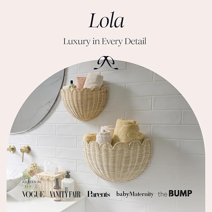 BEBE BASK The Original Scalloped Wicker Wall Basket – Set of 2 – Handwoven Scalloped Wall Baskets (16 x 10 x 7 in), Woven Rattan Wall Hanging Baskets - Natural Scalloped Basket