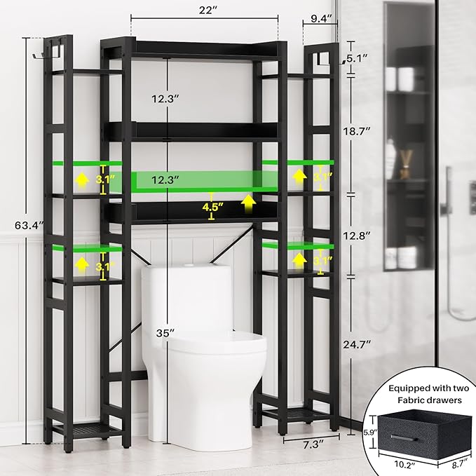 Besiost Over The Toilet Storage with 2 Drawers - 11 Tier Bathroom Organizer Freestanding Space Saver Storage Rack with Adjustable Shelf Above Toilet Stand with 4 Hooks for Restroom, Laundry, Black