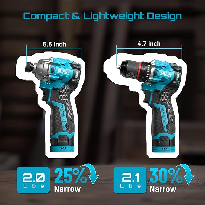 SEESII Cordless Drill Impact Driver 16.8V Brushless Power Tool Combo Kits 2x 2.0Ah Batteries w/Charger, 16-Pc Bits, Tool Bag, 3/8'' Drill & 1/4'' Impact Driver for Home DIY, Woodworking (Blue)
