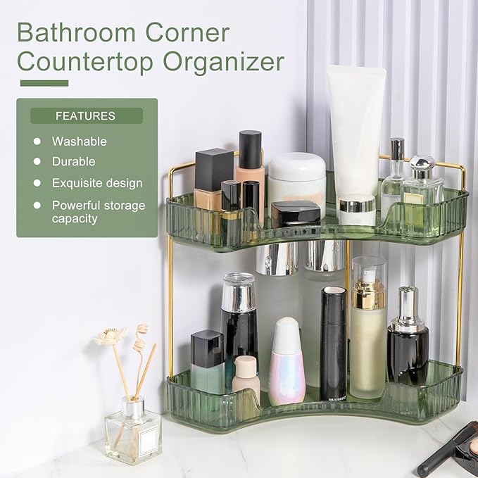 INVSSENE Corner Bathroom Countertop Organizer, Vanity Trays for Counter, Makeup Organizers, Perfume Tray, Kitchen Spice Rack, (Green, 2 Tiers)
