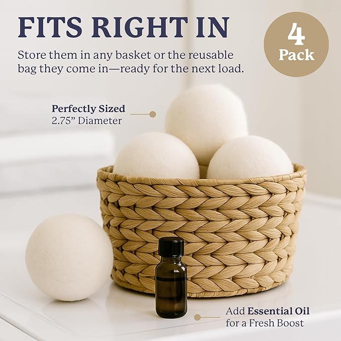 Farberware Wool Dryer Balls 4 Pack – Reusable 100% Wool Balls for Dryer – Natural Fabric Softener for Laundry, Towels & Bedding, Replaces Fabric Sheets & Liquid Softeners