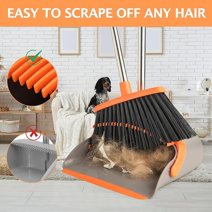 2-Pack Broom and Dustpan Set with Long Handle, Heavy Dust Broom and Dustpan Combo for Home，Kitchen, Office, Pet Hair(Gray Orange)