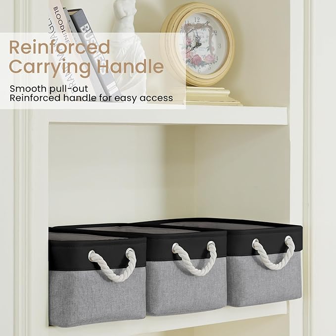 Storage Baskets for Shelves 13.8x9.8x6.7 Inch-Foldable Fabric Organizing Storage Bins with Handles, Closet & Bathroom Organizer, Home Storage for Kitchen, Office (6-Pack, Black&Gray)