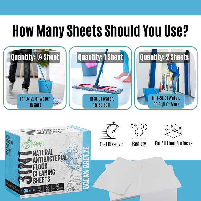 90 Pcs All Natural Floor Cleaner Sheets - Biodegradable And Dissolvable Multipurpose Mopping Concentrated Floor Cleaning Soap Detergent Strips, Mess Free Water Soluble Fast Dry Eco Friendly (Ocean)