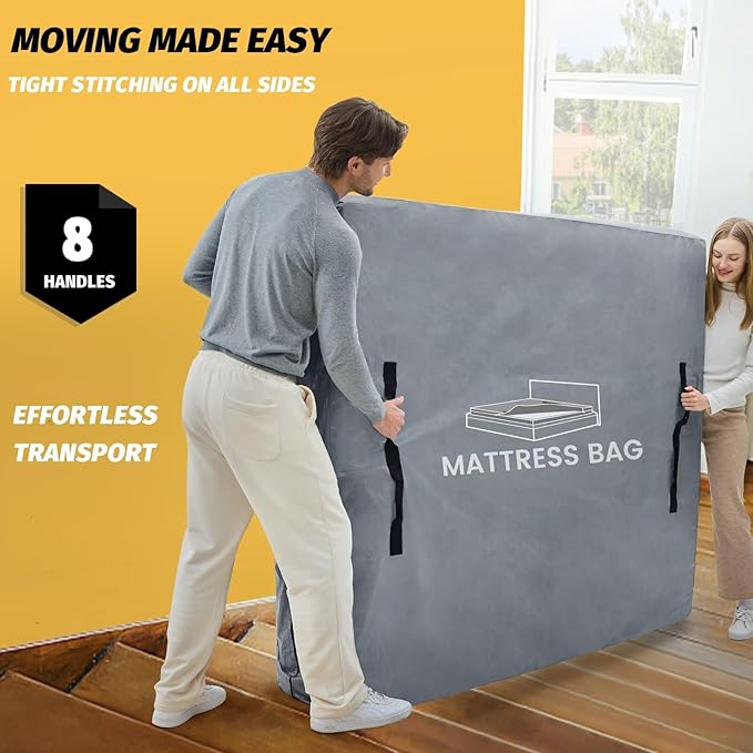 Mattress Bags for Moving and Storage, BETU Waterproof Mattress Protector Full XL Mattress Cover with 8 Heavy Duty Handles and Zipper Extra Thick Moving Supplies for Bed Reusable (82x57x13.5 Grey)