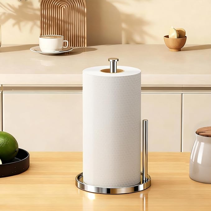 Paper Towel Holder Countertop, Standing Paper Roll Holder with Anti Slip Weighted Base, Stainless Steel Freestanding Paper Towel Holder for Kitchen, Chrome