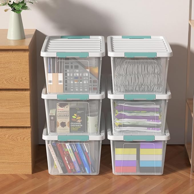 6-Pack Clear Plastic Storage Bins with Lids, 35 Quart Latch Storage Box