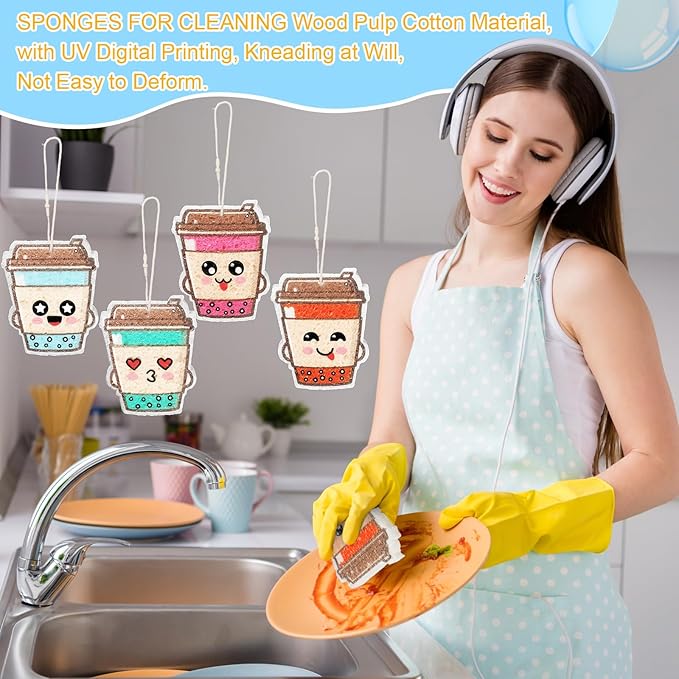 8 Pack Cute Kitchen Sponges Dish Set Compressed Non-Scratch Reusable Kitchen Cleaning Household Sponges for Dishes, Pans, Kitchen, Fruit, Plate, Bathroom(Bubble Tea)