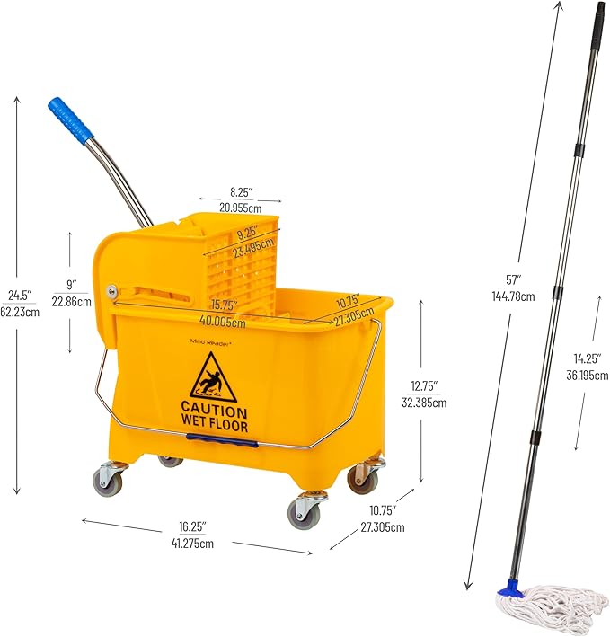 Mind Reader Mop and Bucket Set with Wringer, Mop Included, 5.5 Gallon Cleaning System with Wheels, Upward Press Wringer, Small Mop Compatible