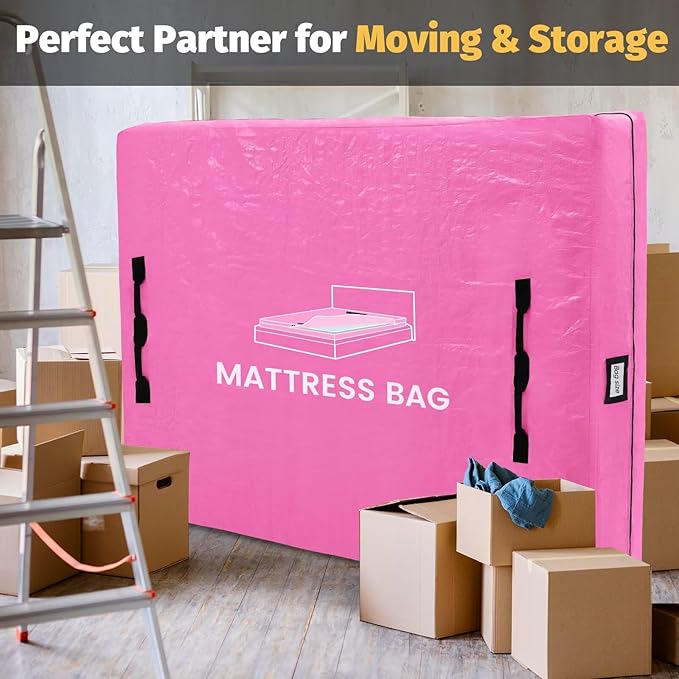 Mattress Bags for Moving and Storage, BETU Queen Mattress Protector Waterproof Mattress Cover with 8 Heavy Duty Handles and Zipper Extra Thick Moving Supplies for Bed Reusable (82x62x13.5 Pink)
