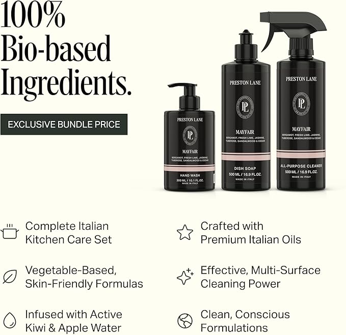 Preston Lane Luxury Kitchen Set – Hand Wash, Dish Soap & All-Purpose Cleaner | Plant-Powered Cleaning Essentials Bundle with Fine Italian Fragrance, Mayfair Scent