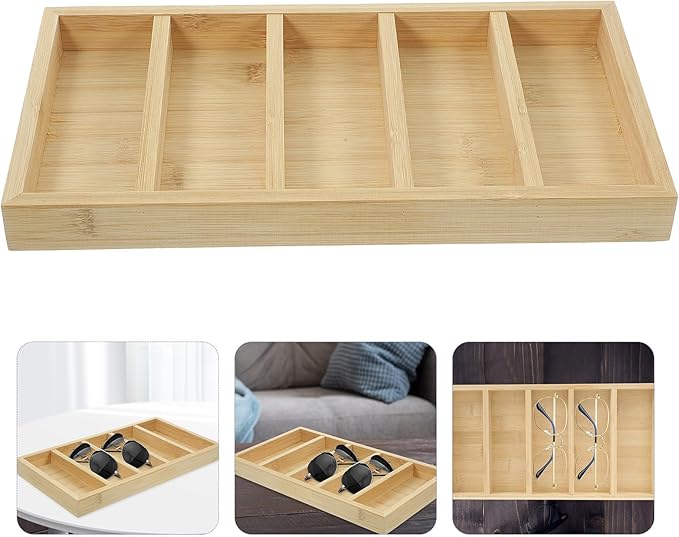 BESTonZON Sunglasses Organizer Tray with 5 Compartments, Eyeglass Storage Holder for Desktop, Sunglass Display Case for Home and Office