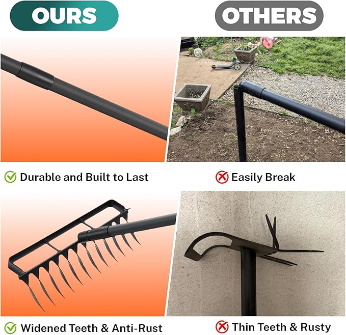 Stirrup Hoe with 76.8" Adjustable Long Handle Weed Puller Heavy Duty Garden Hoe with 12 Tines Rake 2-in-1 Gardening Tool for Loosening Soil, Gathering Leaves, Weeding
