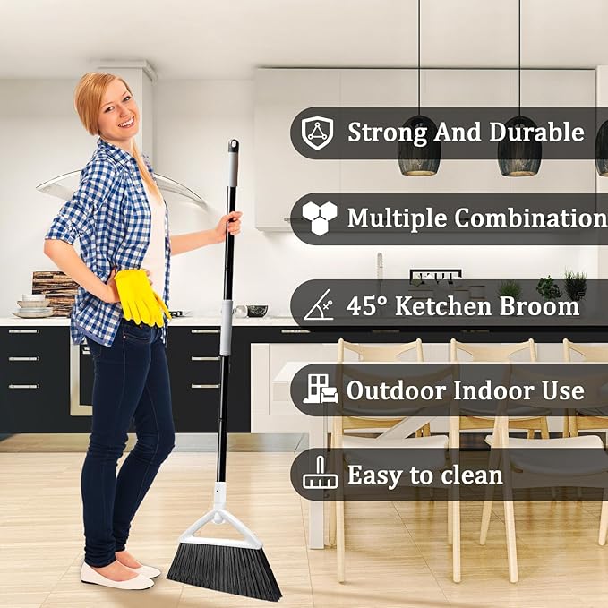 Heavy Duty Angle Broom 1 Pack - White Broom for Outdoor & Indoor, Garage, Driveway, Sidewalk, Kitchen & More, Long Handle