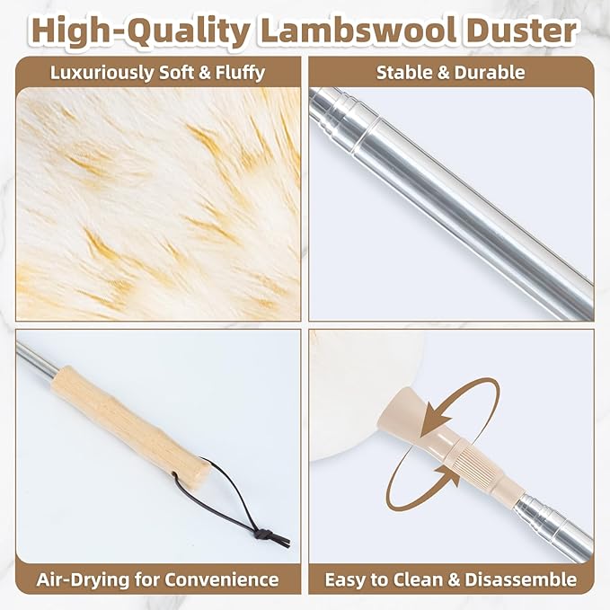 LOVECO Feather Duster for Cleaning, Extendable Lambswool Duster 29-49 Inch for Cleaning Fans, Ceiling, Includes: Sticky Hooks×2, Small Duster×1, Electrostatic Dusters Suitable for Office, Home, Car
