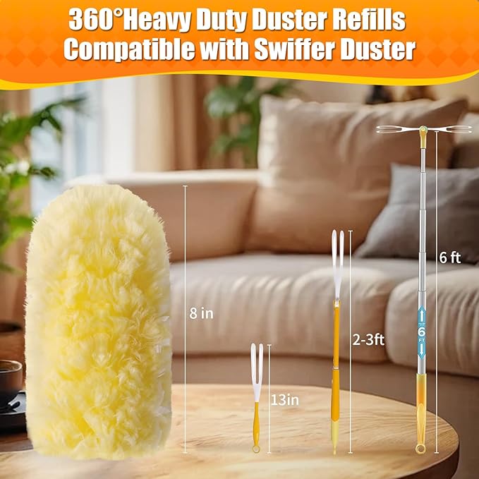 60 Count 360° Heavy Duty Duster Refills, Compatible with Swiffer Duster, Larger Size Disposable Electrostatic Microfiber Dusters, 4X Thick Cleaning Dusters, Unscented