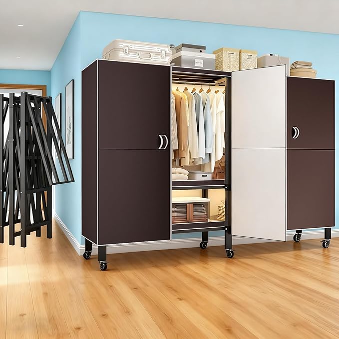Foldable Portable Armoire Wardrobe Closet for Hanging Clothes Rack, Heavy Duty Covered Clothes Rack with Cover(HARDBOARD Magnetic), Closet Garment Rack for Bedroom Storage (KT Coffee, 59.05in)
