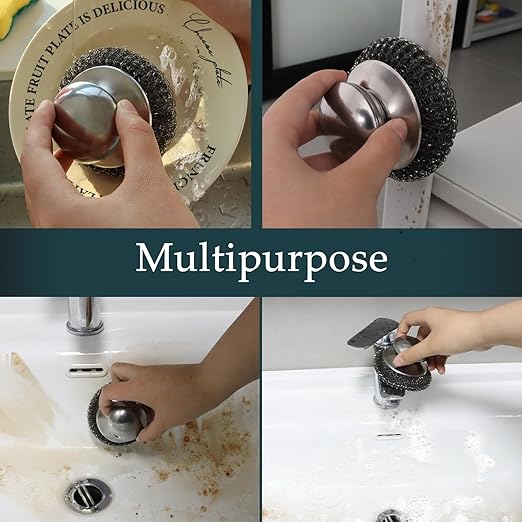 2Pcs Stainless Steel Wool Scrubber Set with Handle，2 Replacement Steel Scrubber Wool Pads, and Scrubbing Brushes Cleaning Supplies for Pots, Pans, Grills, Sink