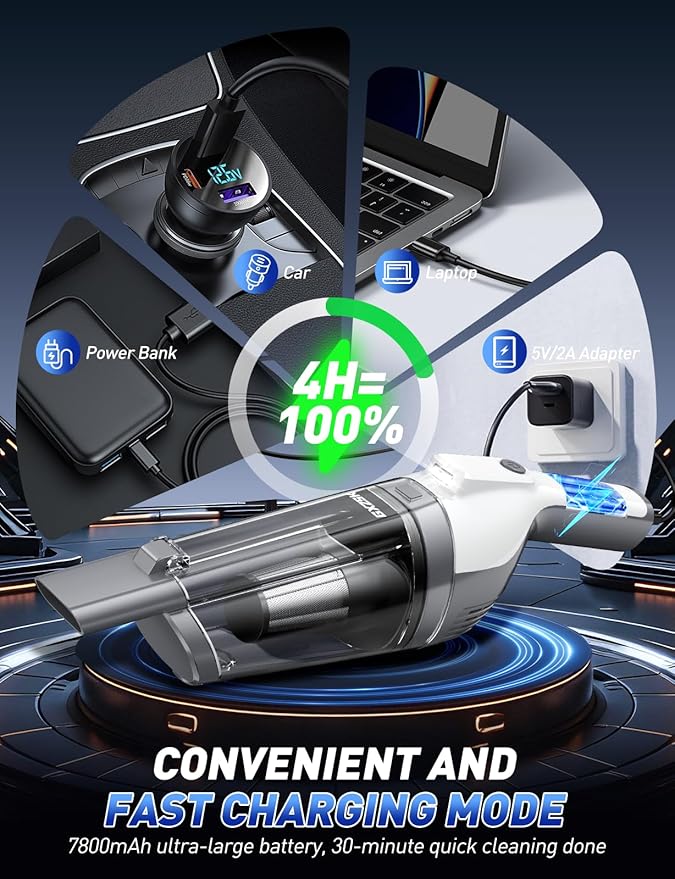 Handheld Vacuum Cordless, 15000PA Powerful Suction Hand Held Vacuum Cleaner, Car Vacuum Portable Cordless with Large-Capacity Dust Bin & LED Light, High Power Dust Busters for Home, Car, Office, Pet
