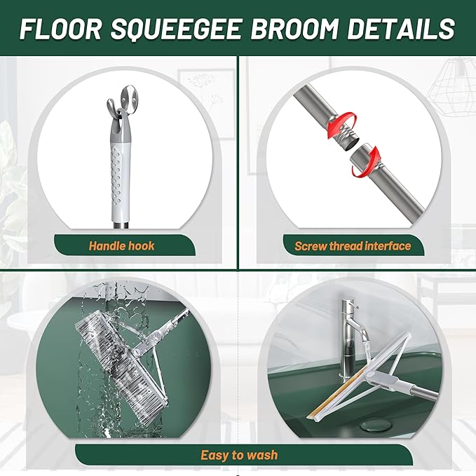 KOLLIEE 2 in 1 Floor Squeegee Broom Set Window Long Handle Rubber Squeegee Brush Mop Kit with Adjustable Handle 120° Rotating Angle Head for Wet Room Hard Floor Outdoor