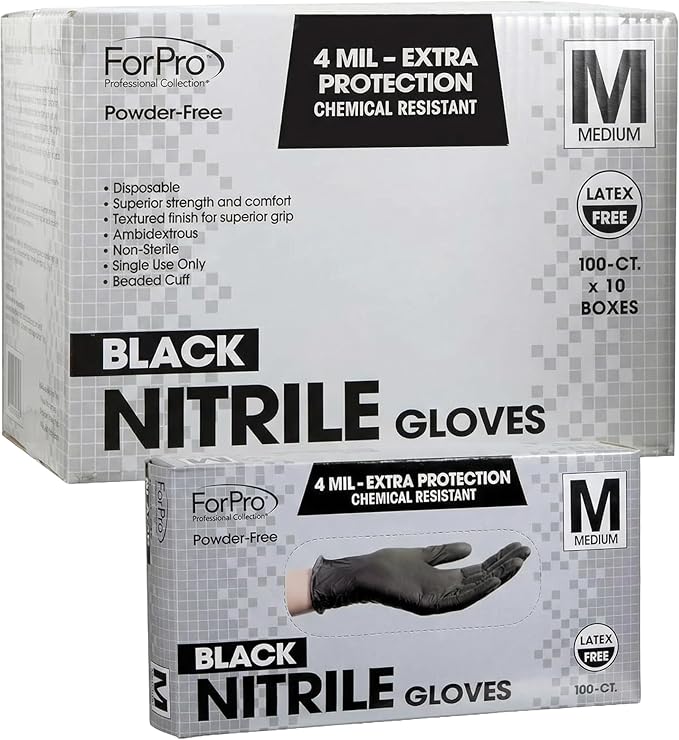 ForPro Disposable Nitrile Gloves, Chemical Resistant, Powder-Free, Latex-Free, Non-Sterile, Food Safe, 4 Mil