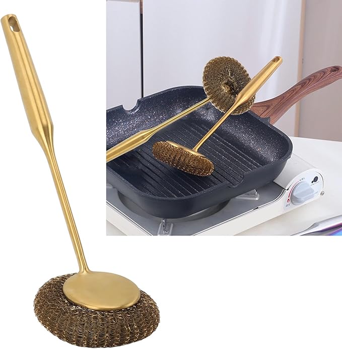 Stainless Steel Wool Scrubber with Long Handle, Handheld Scrubbing Cleaner Brush Scrubbing Scouring Pad Cleansing Supplies for Pots Pans Grills (Gold)