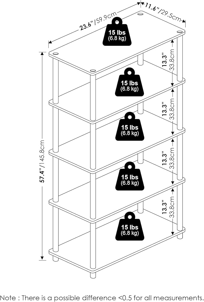 Furinno TURN-N-TUBE Storage Shelves, 5-Tier Book Shelf, Corner Shelf, Toolless Open Shelves, for Organization and Storage, Living Room, Garage, Home Office, French Oak