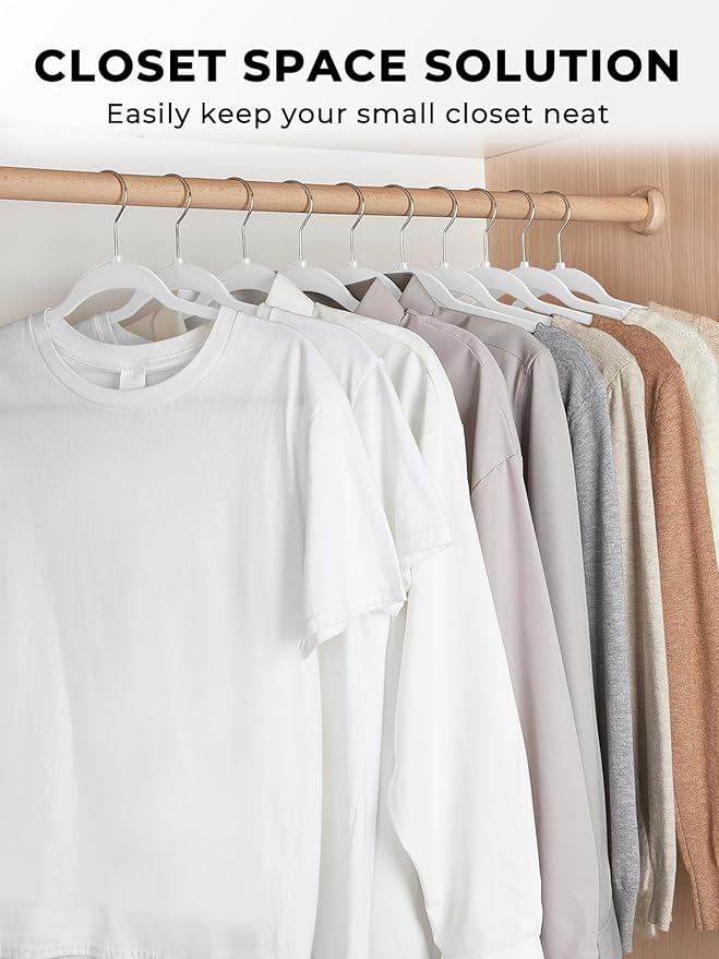 Smarter Plastic Hangers 200 Pack - Thin Hangers Non-Velvet with 360° Swivel Chrome Hook & Notches, Sweater Hanger No Shoulder Bump - Ideal for Dresses, Coats, Shirt, Jacket, Sweater - White