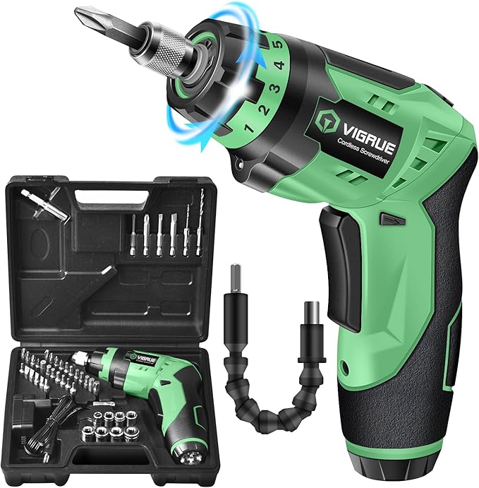 VIGRUE Cordless Screwdriver, Rechargeable Electric Screwdriver with LED Light, Flexible Shaft