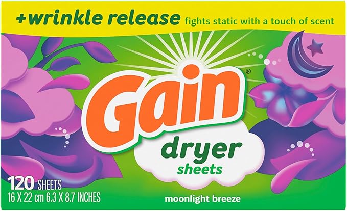 Gain dryer sheets Plus Wrinkle Release, Moonlight Breeze Scent, 120 Count, Fights static with a touch of scent, laundry sheets