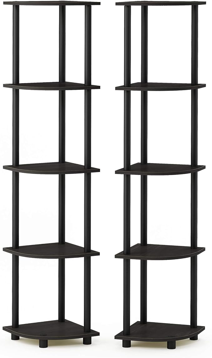 Furinno TURN-N-TUBE Corner Shelf Set of 2, 5-Tier Corner Bookshelf, Open Storage Shelves, for Organization and Storage, Living Room, Home Office, Garage, Espresso