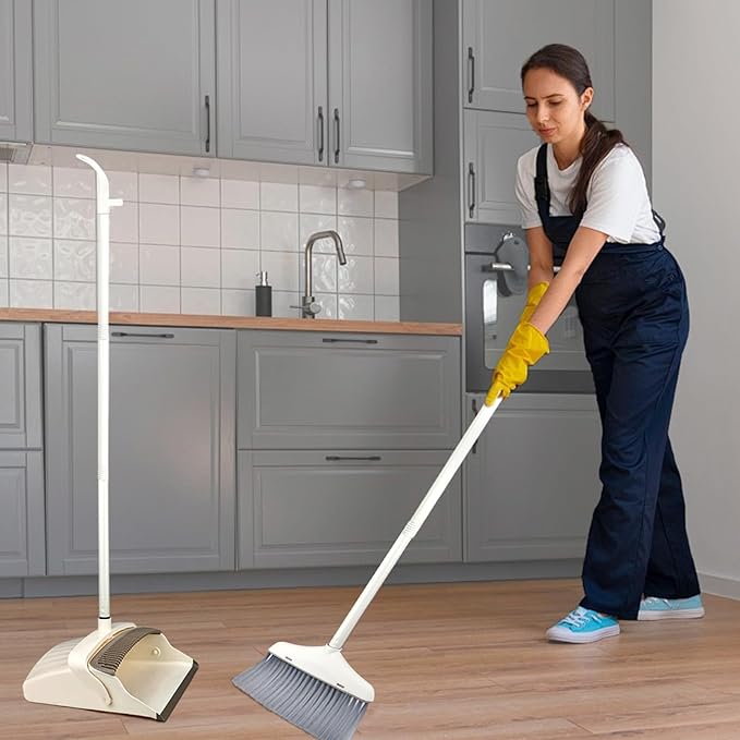 Broom and Dustpan Set for Clean - Broom with Dustpan Combo Set, 61" Dustpans Long Handle, Dust Pan with Handle, Kitchen Dust Pan and Brush for Indoor Outdoor Room Office Use.