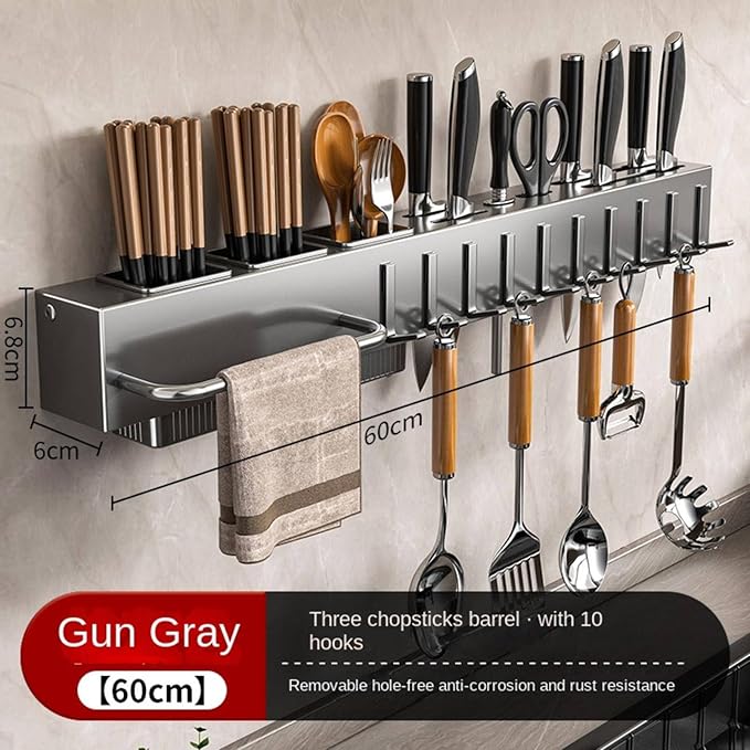 New Multi-Functional Kitchen Rack Home Wall-Mounted Knives Chopstick and Spoon Storage Rack Punch-Free cookware draining Rack, 50, Black