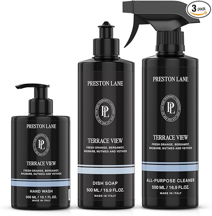 Preston Lane Luxury Kitchen Set – Hand Wash, Dish Soap & All-Purpose Cleaner | Plant-Powered Cleaning Essentials Bundle with Fine Italian Fragrance, Terrace View Scent