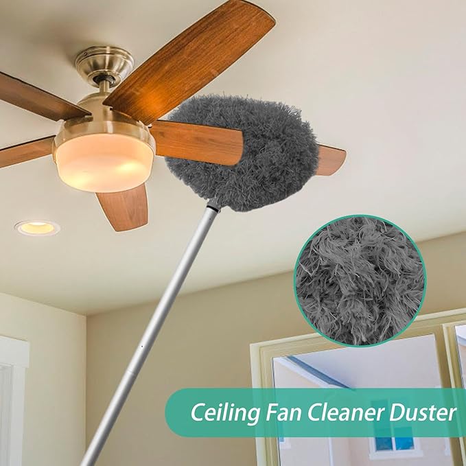 Ceiling Fan Cleaner Duster,Reusable Microfiber Ceiling Fan Blade Cleaner Duster with Extendable Long Handle Removable 13 to 48 in for Cleaning Bookshelves,Door,Window Top (Gray)