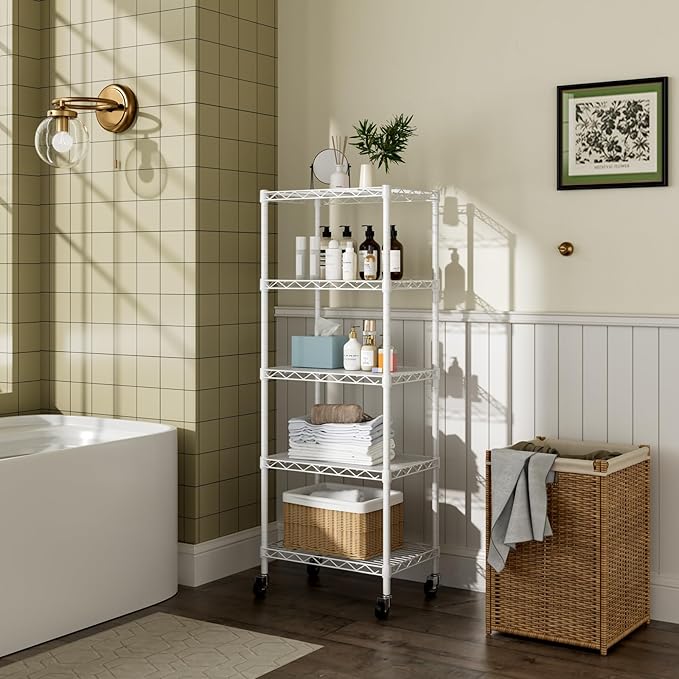 Golpart Small 5 Tier Shelves Storage Wire Shelving Unit Metal Shelf Adjustable Organizers Storage Shelving with Wheels for Bathroom Laundry Room Kitchen Pantry12”D x 18”W x 57.2”H White