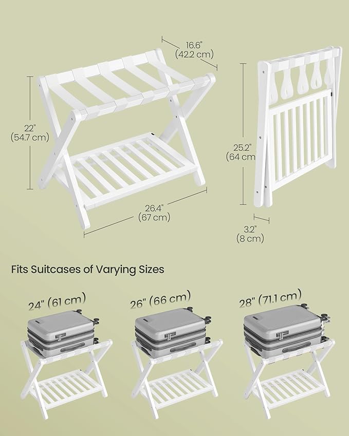 SONGMICS Solid Wood Luggage Rack, No Assembly Required, Foldable Suitcase Stand, Luggage Holder, with Storage Shelf, for Guest Room, Hotel, Bedroom, Cloud White URLR020W02