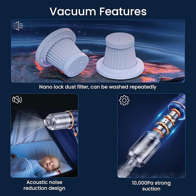 VIMALIFE 10000Pa Cordless Car Vacuum Cleaner & Air Duster, Powerful Handheld Auto Vacuum, 42000RPM Motor, LED Light, Type-C Fast Charge, Washable Filter, 5 Multi-Nozzles for Home, Car, Pet Hair, Blue