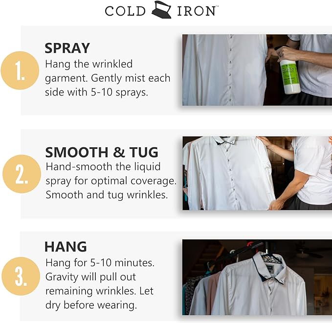 Cold Iron Wrinkle Release Spray for Clothes. 32 fl oz. Citrus Mint & Atlas Travel Size 3 fl oz Sea Breeze. Fast, Easy to Use Ironing Alternative. Spray, Smooth, Hang. Award Winning