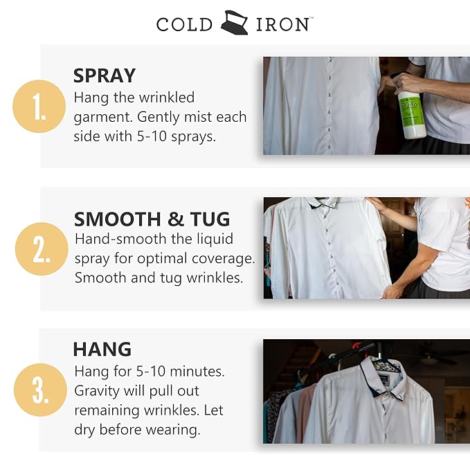 Cold Iron Wrinkle Release Spray for Clothes. Atlas Travel Size 3 fl oz/89 ml. Light Summery Scent. Ironing Alternative. Spray, Smooth, Hang.