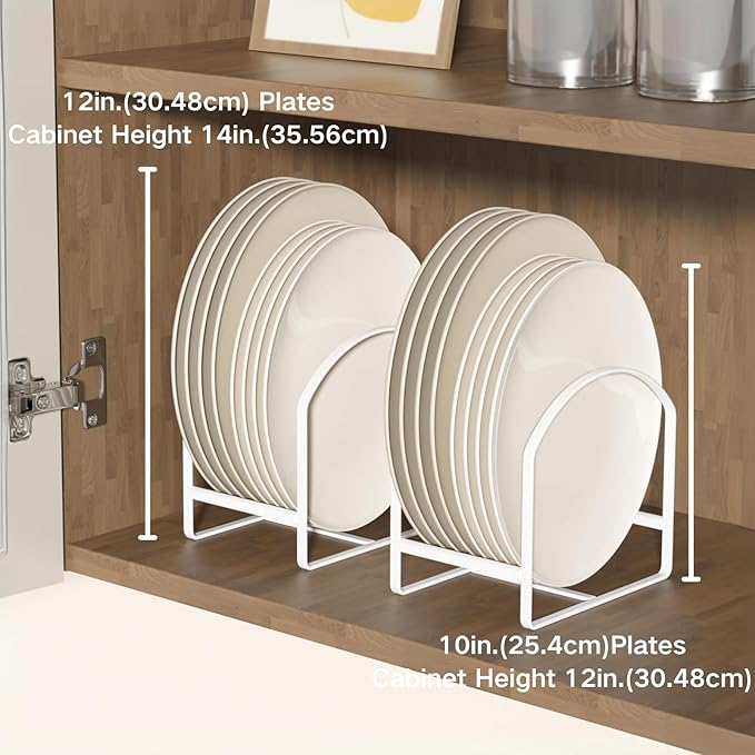 4 Pack Kitchen Plate Holder Organizer for Cabinet Space Saver Dinner Dish Storage Rack Upright Dish Drying Racks Metal Plate Dish Racks Stand for Cupboard and Countertop 2 Large 2 Small White
