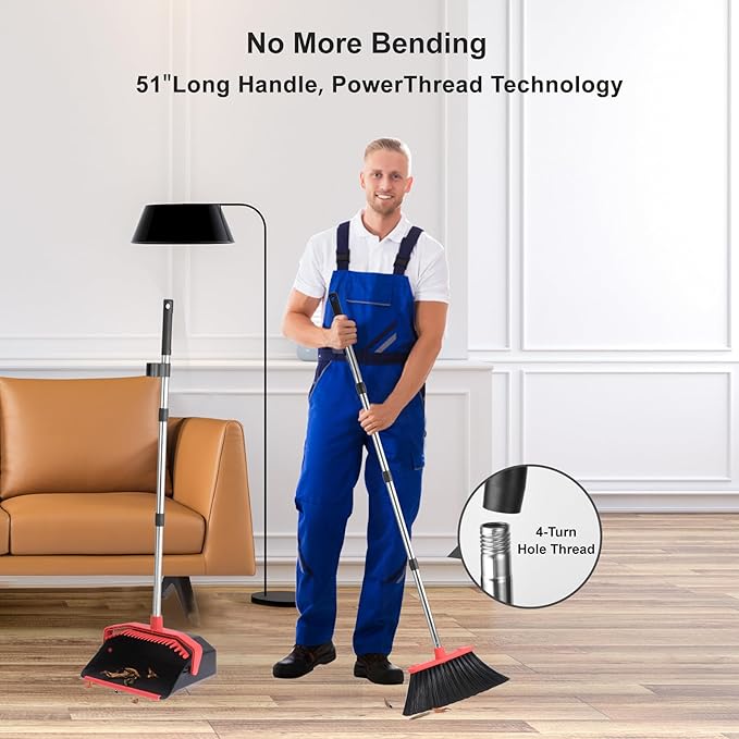Upgrade Broom and Dustpan Set, 51'' Sturdy Long Handle, Large Upright Stand Up Broom and Dustpan, ZeroGap Lip, Self-Cleaning Dustpan Teeth for Lobby Kitchen Office Floor - Black and Red