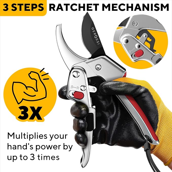 Ratchet Pruning Shears for Gardening Heavy Duty - Increases Cutting Power 3x - Perfect Ratchet Pruners for Weak Hands & Arthritis - 8” Anvil Garden Clippers - Sharp Blade for Effortless Cutting - Red
