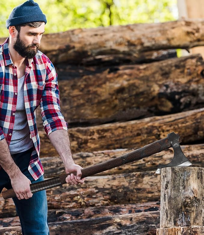 JXE JXO 31.5 Inch Axe, Splitting Axe 1065 High Manganese Steel, Hickory Handle with Leather Sheath