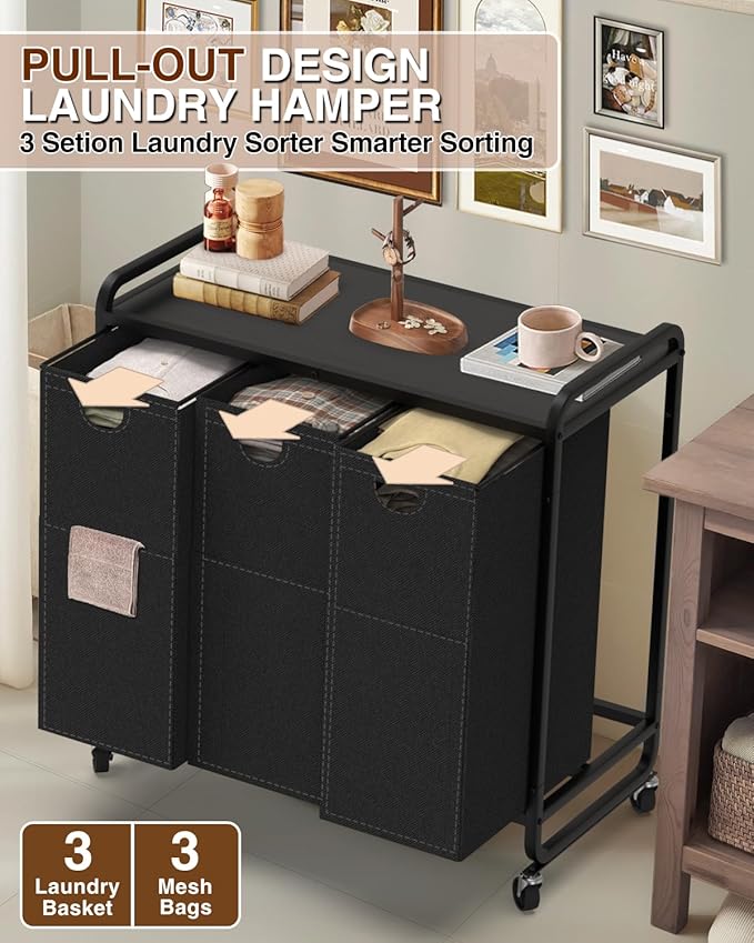Laundry Sorter 3 Section,Laundry Basket with Wheels,3×15.8 Gal (60L) Laundry Hamper Organizer with Large Wooden Desktop Sorter,Pull-Out and Removable Laundry Bags (Black, 3 Bags - 180L)